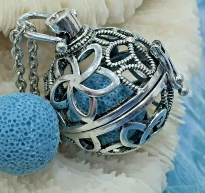 $14.20 • Buy Flower Locket Aromatherapy Diffuser Necklace Essential Oil Lava Stone - Blue