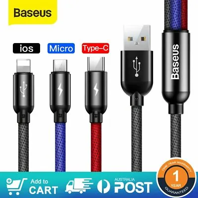 Baseus 3 In 1 USB Charger Cable Type C/for Apple IOS/ Micro Braided Charge Lead • $8.99