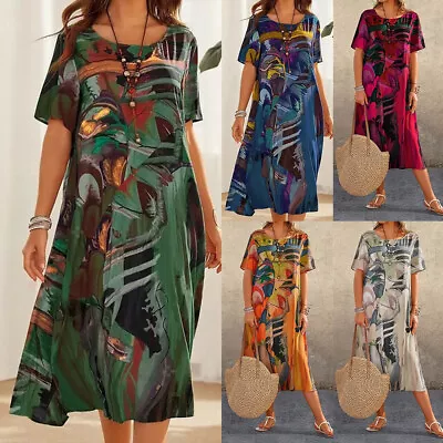 Women Short Sleeve Print Dress Summer Casual Loose Kaftan Midi Dress Plus Size • $25.07