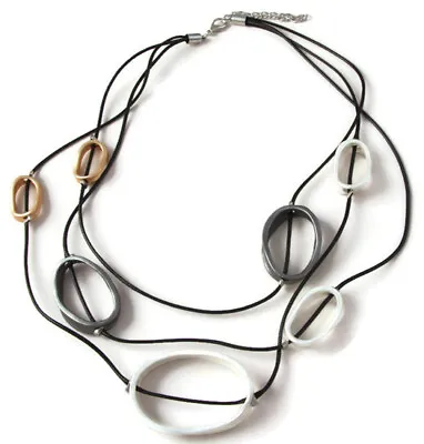Black Irregular Multi Rows Silver Gold Abstract Hoops Lagenlook Necklace   • £11.99