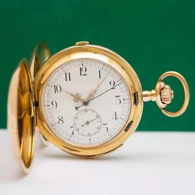 1920's QUARTER REPEATER CHRONOGRAPH 18K SOLID YELLOW GOLD POCKET WATCH 58mm • $6900