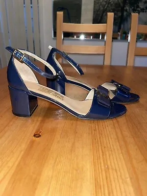 Salvatore Ferragamo Gavina Oxford Blue Bow Sandals Heel EU38 US7.5 UK5 • $399