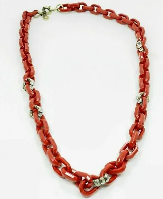 J CREW Rhinestone Persimmon Red Lucite Large Link CHAIN Necklace 34 Inch Retired • $19.95
