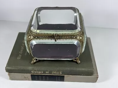 Vintage Jewelry Casket Trinket Box Ormolu Gold Filigree Beveled Glass Vitrine • $129