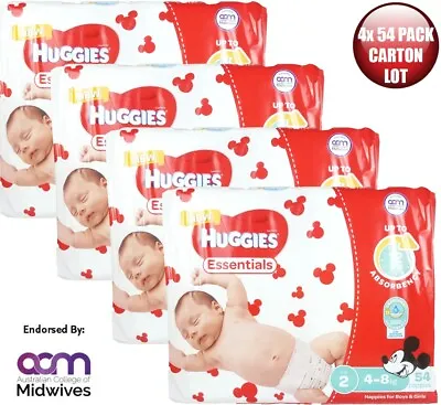 $99.95 • Buy Huggies Essentials Unisex Nappies Leak Lock Size 2 Infant 4-8kg  4x 54 Pack