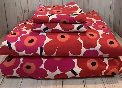 Marimekko QUEEN 4 Pc Sheet Set Pieni Unikko RED FLORAL Poppies Cotton • $68