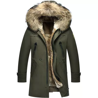 100 REAL Rabbit Fur Lined Long Mens Jacket Coat Genuine Raccoon Fur Hooded Parka • $138.60