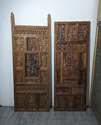 Vintage Set Of 2 Carved Teak Wood Moroccan Asian Room Divider Screen Wall PANELS • $225