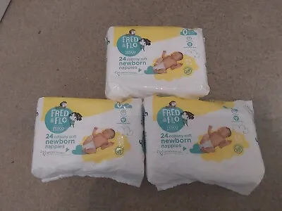 FRED & FLO  NEWBORN 3 PACKS OF 24 (72) TOTAL NAPPIES 2-5lbs NEW SIZE 0 PREMATURE • £9.99