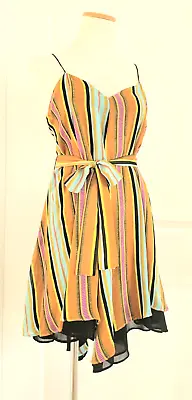 Mara Hoffman Silk Striped Spaghetti Strap A-Line Mini Dress Blue Orange Black S • $69.99