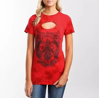 Affliction Women's “Corroded” Short Sleeve Rhinestone Cut-out Red T-shirt • $67.92