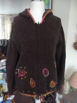 Pachamama Handknitted In Ecuador Wool/cotton Blend Brown Hooded Cardigan Size M  • £31.99