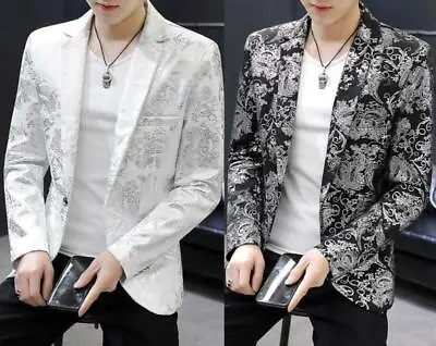 $49.83 • Buy Floral Printing Men's Blazer Jacket Slim Fit Coats Casual Outdoor Korean Fashion