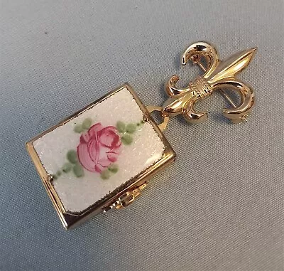 Vintage CORO Gold Plated Guilloche Enamel Fleur De Lis 4 Picture Locket Brooch • $72.88