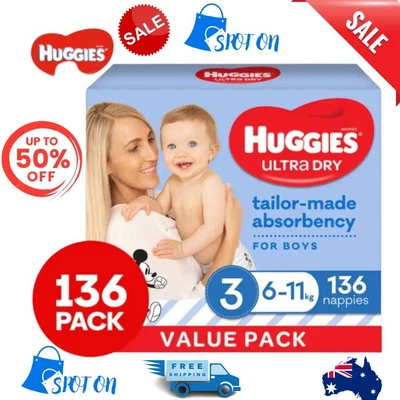 $70.44 • Buy NEW Huggies Ultra Dry Nappies Boys Size 3 Crawler (6 - 11kg) - 136 Pack Contents