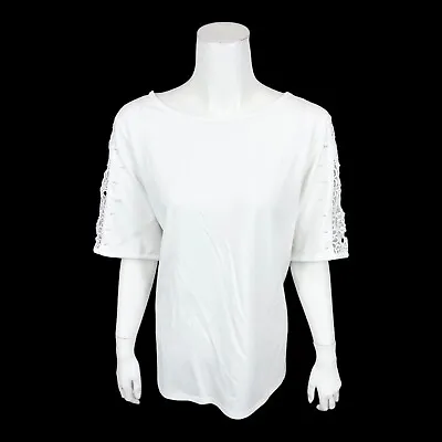 Quacker Factory Lace Sleeve Knit T-Shirt W/ Faux Pearl Detail White X-Large Size • $20