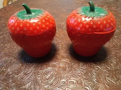 Hazel Atlas Strawberry Jam Jelly Jars W/ Lid Painted Milk Glass Vintage 1940’s • $16