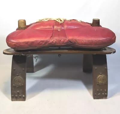 Vintage Camel Saddle Foot Stool Red Leather Brass Caps Studs Rawhide Rope • $149.99