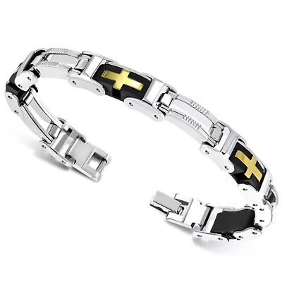 Stainless Steel Two-Tone Religious Cross Men's Link Bracelet • $17.99