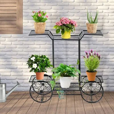 $39.93 • Buy Garden Cart Metal Plant Stand Flower Display Rack Shelf With 4 Decorative Wheels