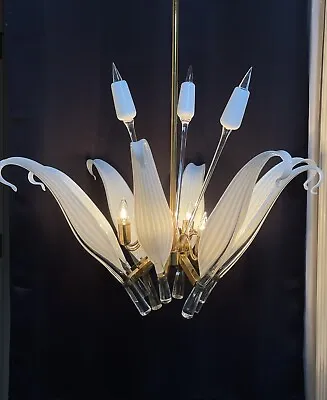 MURANO Signed Franco Luce Seguso Art Glass Chandelier Italian Brass Cattails 36” • $3750