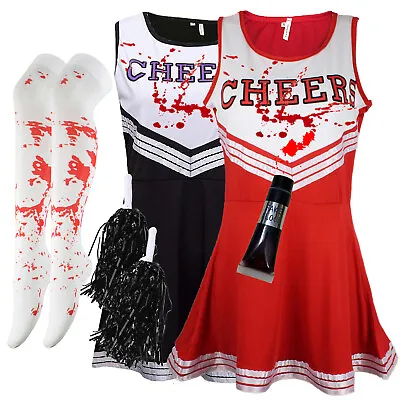 Zombie Cheerleader Halloween Fancy Dress Outfit Costume Blood Vampire Pom Poms • £13.85