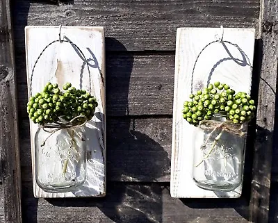 2 Large Recycled Rustic Wood Wall Mounted Flower Glass Mason Jar Candle Holder • £41.92