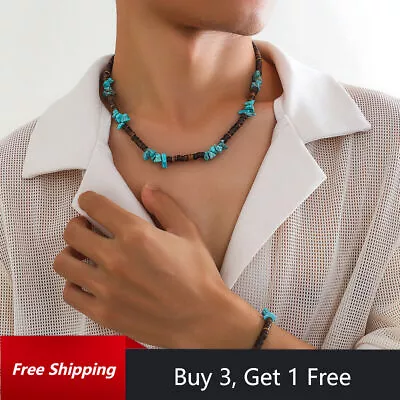 Mens Beaded Necklace Bracelets Wooden Turquoise Bohemian Boho Beach Surfer Gifts • £4.99