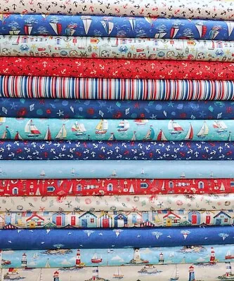 Seaside Nautical Cotton Fabric Makower Beach Sea Patchwork & Craft Fabric • £4