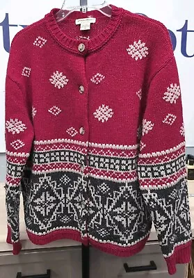 Eddie Bauer Red Fair Isle Nordic Wool Alpaca Cardigan Sweater Vtg Womens Sz M • $24.95