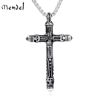 MENDEL Mens Stainless Steel Gothic Biker Skull Cross Pendant Necklace For Men • $9.99