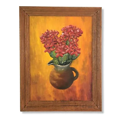 Mid Century Floral Painting Red Flowers Still Life  Acrylic On Board C. 1960 • $45