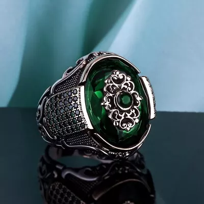 Turkish Handmade 925 Sterling Silver Jewelry  Emerald Men's Ring  • £59.84