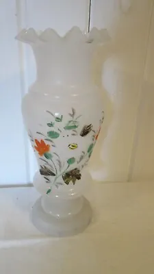 Victorian Vase Blown Glass Frosted Ruffled Collar Rim Hand Painted Floral • $27.95