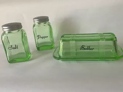 Vintage Green Glass Salt & Peppers Shakers W/covered Butter Dish • $48.99