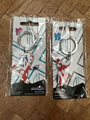 2xNEW LONDON 2012 OLYMPICS WENLOCK & Mandeville METAL KEYRINGS Enamel Union Jack • £19.95