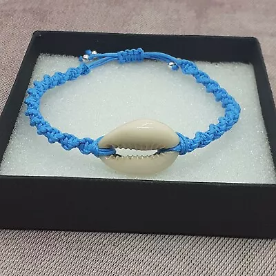 Bracelet Cowrie Shell Handmade Macrame -Turquoise-Cord-Silver Beads-Gift Box • £9.65