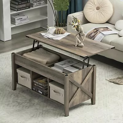 VINGLI Farmhouse Lift Top Coffee Table Rustic Grey Coffee Table With Lift To... • $169.49