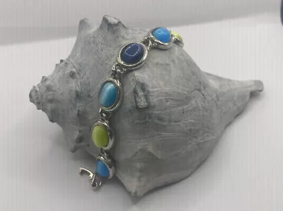 VTG Silver Tone 8 Moonstone Bracelet Blue~Green~Turquoise Cabochon 7”  Chain VG • $34.99