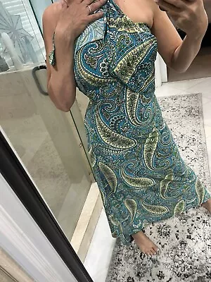 Veronica M Print Blue Green Jersey  Sleeveless S Small Fall Sexy Flutter Up Maxi • $80.50