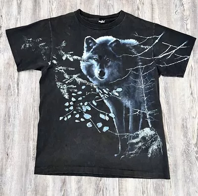 Vintage 90s Black T-shirt Lone Wolf Graphic  Nature Single Stitch • $25