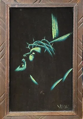 Vintage Black Velvet Oil Painting Jesus Crown Of Thorns Signed Wood Framed • $65