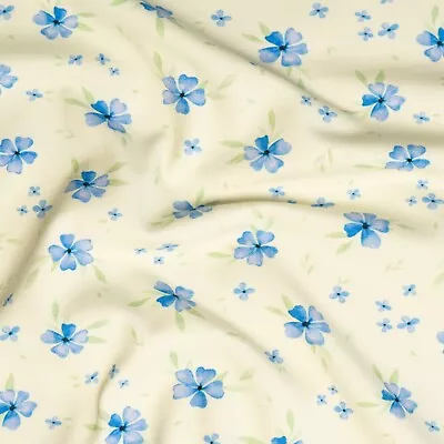 Cotton Jersey Fabric Blue Floral On Yellow Jersey Stretch Knit Fabric • £8.50