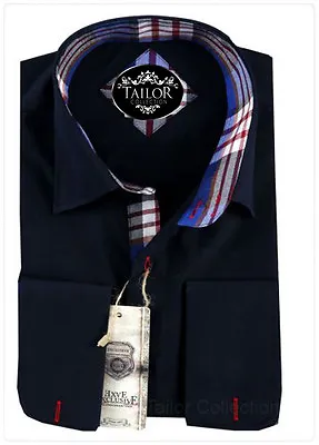 £20 • Buy Brand New Mens Navy Blue White Check Collar & Double Cuff Shirt Italian Slim Fit
