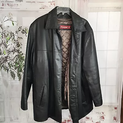 Phase 2 SZ M Leather Coat Black Removable Quilted Liner Distressed Biker Western • $29