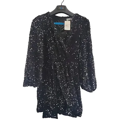 Quiz Clothing Womens Wrap Dress Black Sequin Long Sleeve V-neck Size 14 • £39.99