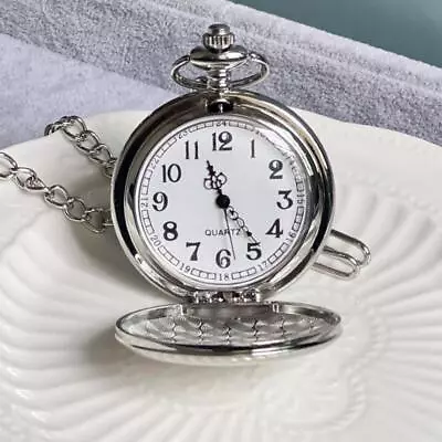 Mens Pocket Watch Quartz White Dial Stainless Steel Case Arabic Numerals Luxury • $6.49