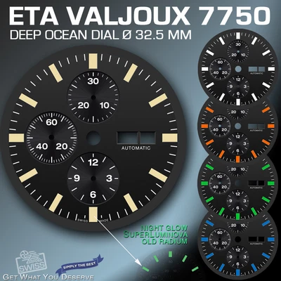 $49 • Buy DIAL FIT MOVEMENT ETA VALJOUX 7750, DEEP OCEAN, Ø 32.5 Mm, 5VARI. SUPERLUMINOVA