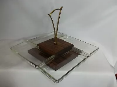 MCM Oak Wood & Glass Divided Serving Tray Dish Relish Candy Nut Appetizer -NIB • $16.95