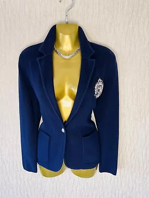 Exquisite Ralph Lauren Blue Knit Crest Embroidered Blazer Jacket UK10 Stunning • £16.50